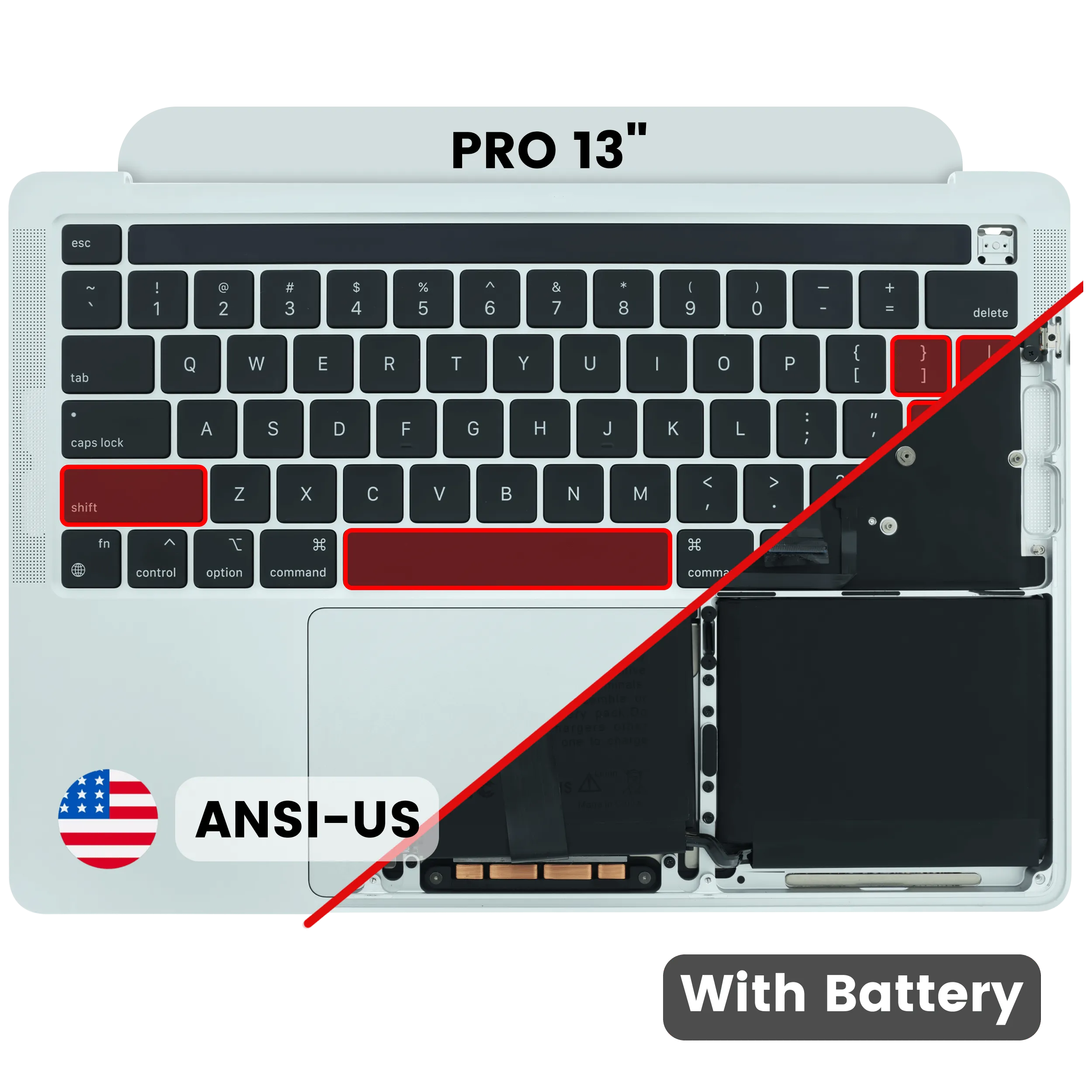 Top Case with Battery and Keyboard (ANSI US) For MacBook Pro 13" A2338 (2020) (Used OEM Pull: Grade A) (M2) (Silver)