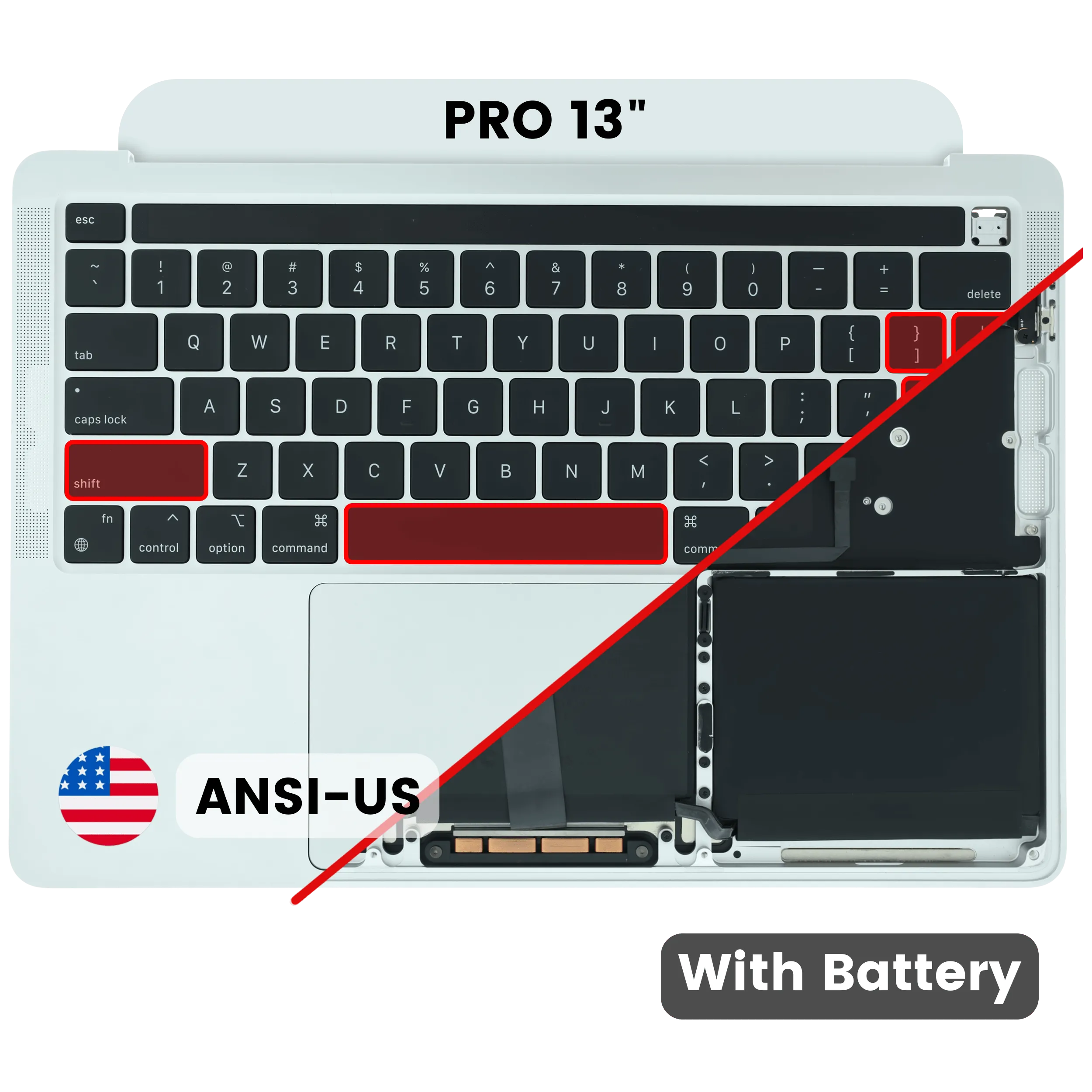 Top Case with Battery and Keyboard (ANSI US) For MacBook Pro 13" A2338 (2020) (Used OEM Pull: Grade B / C) (M2) (Silver)