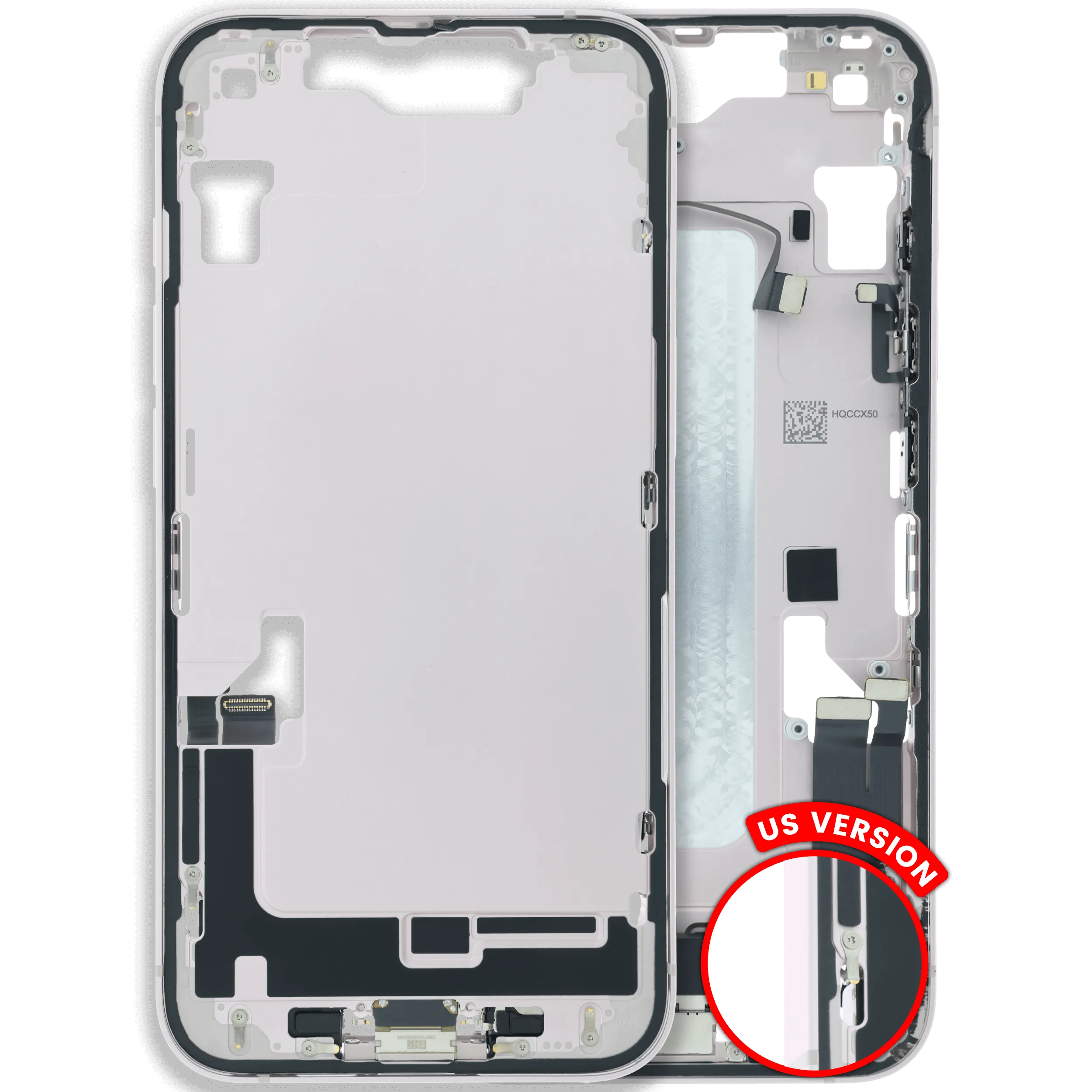 Mid-Frame Housing With Charging Port Flex & Small Parts For iPhone 17e (US Version) (Used OEM Pull: Grade A) (Soft Pink)