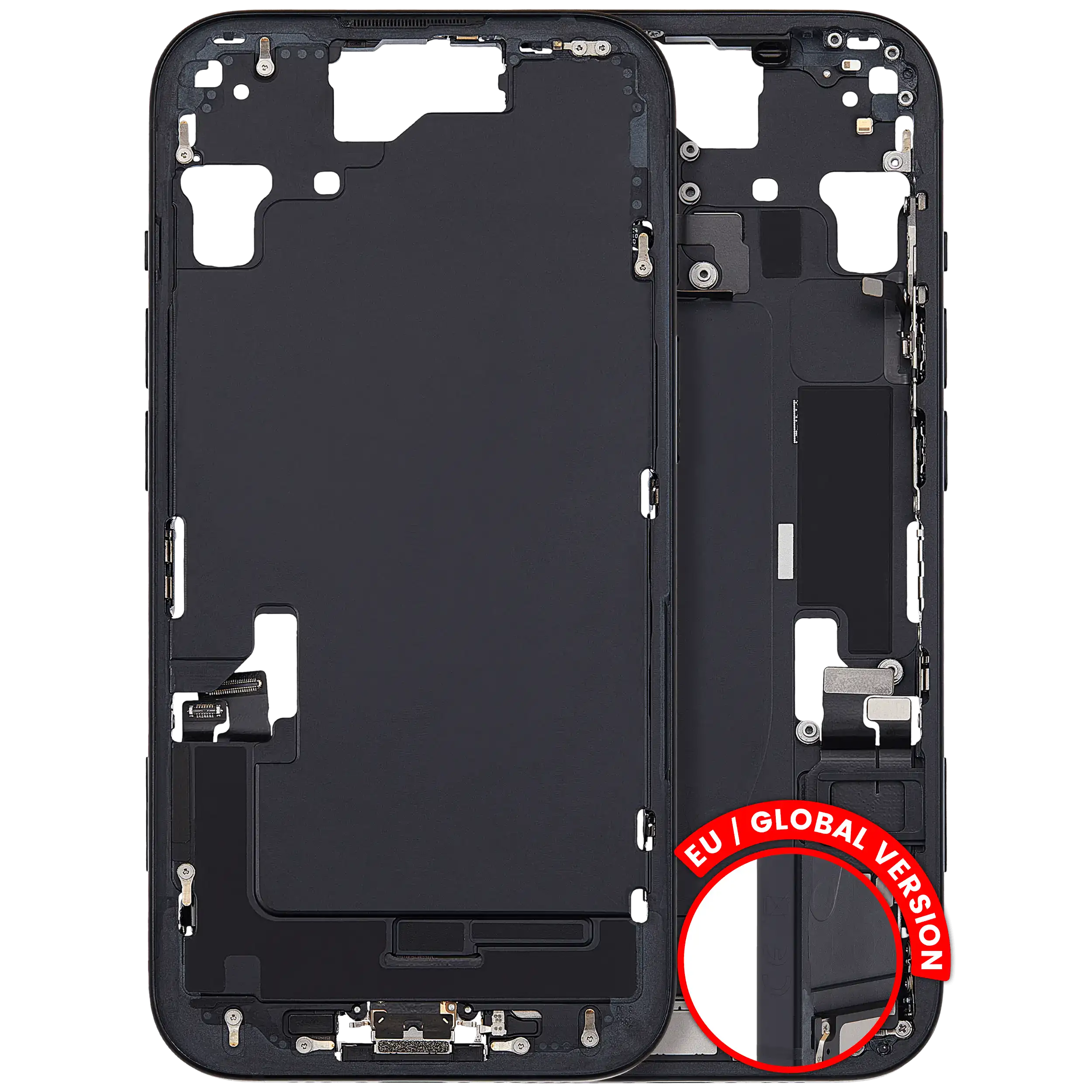 Mid-Frame Housing W/ Charging Port Flex & Small Parts For iPhone 15 (EU / Global Version) (Used OEM Pull: Grade A) (Black)