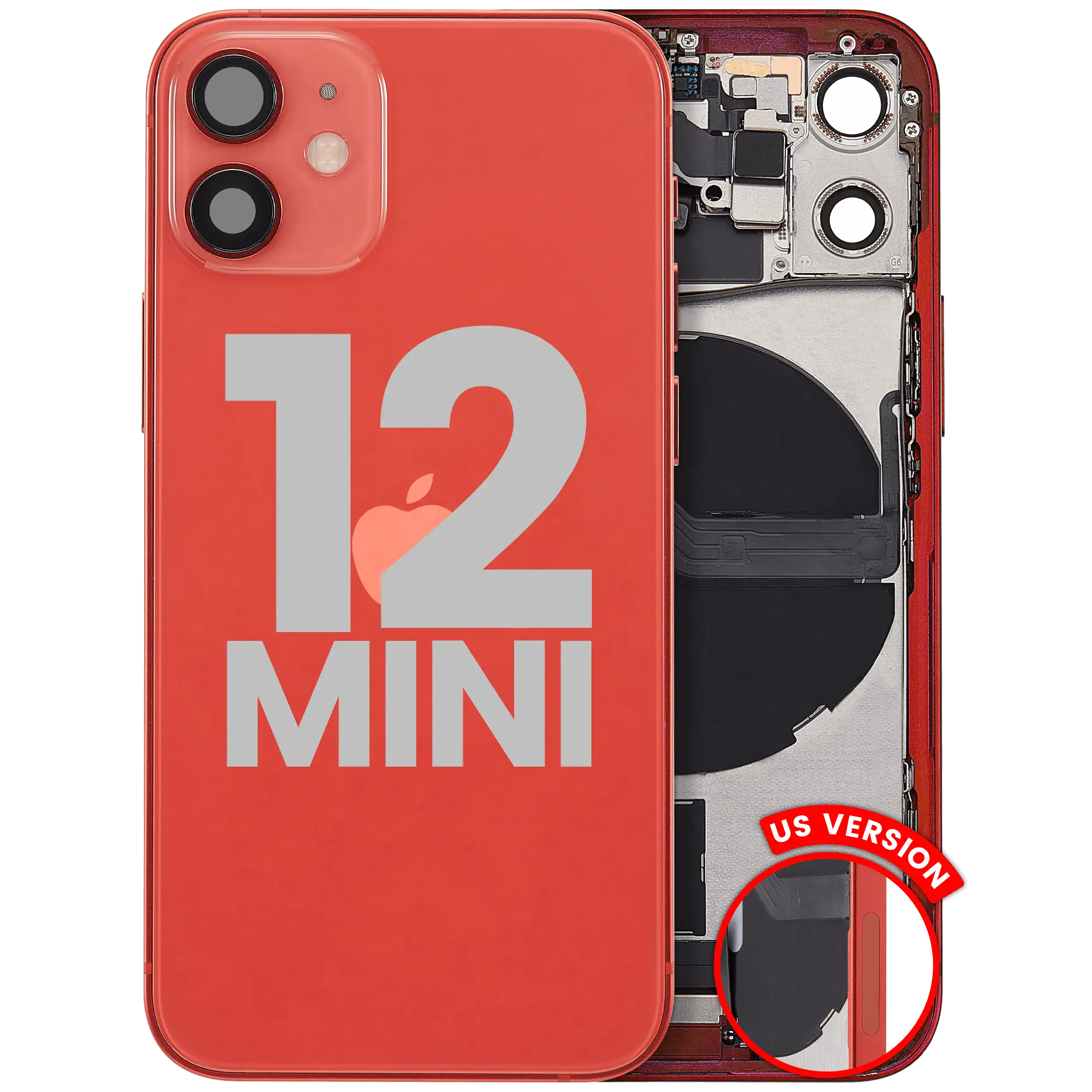 Back Housing W/ Charging Port Flex & Small Parts For iPhone 12 Mini (US Version) (Used OEM Pull: Grade A) (Red)