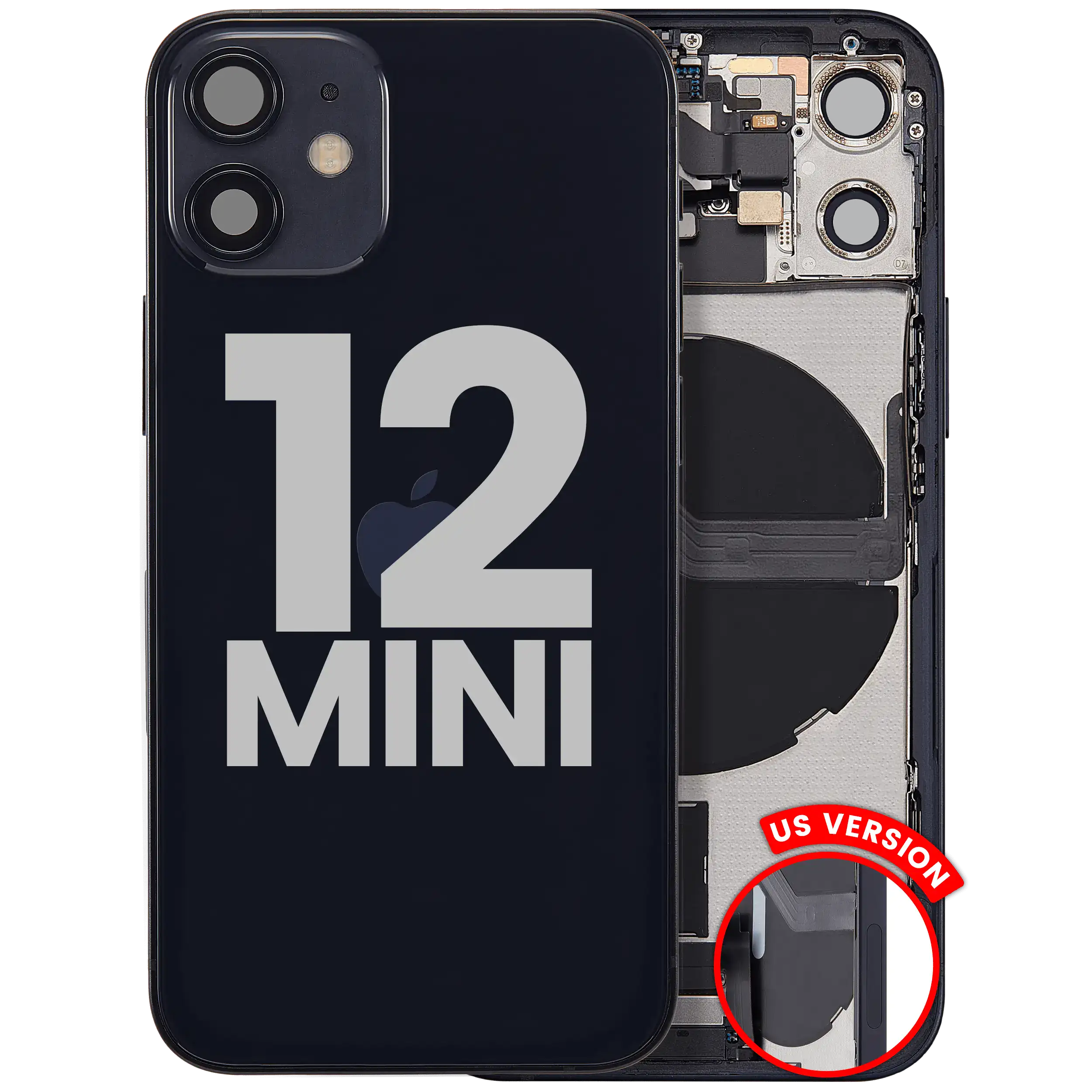 Back Housing W/ Charging Port Flex & Small Parts For iPhone 12 Mini (US Version) (Used OEM Pull: Grade B) (Black)