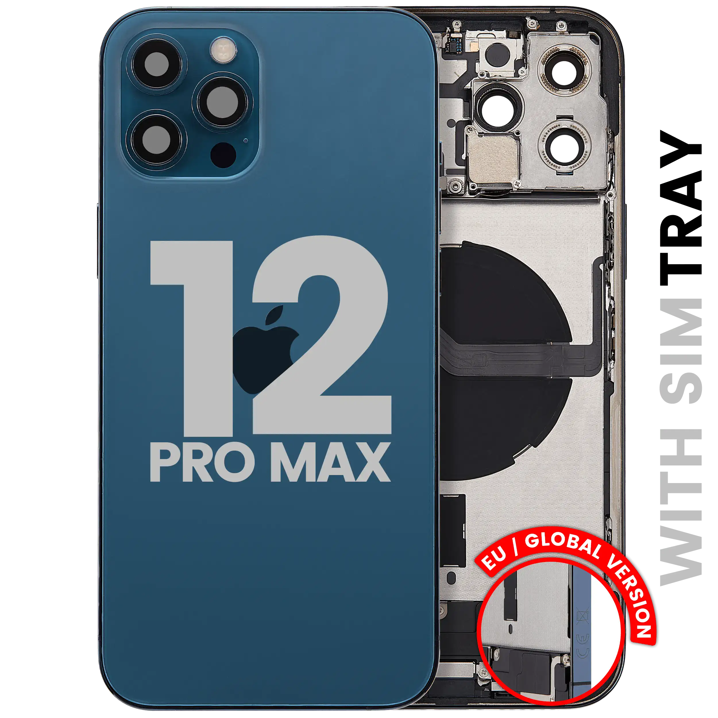 Back Housing W/ Charging Port Flex & Small Parts For iPhone 12 Pro Max (EU / Global Version) (Used OEM Pull: Grade B) (Pacific Blue)