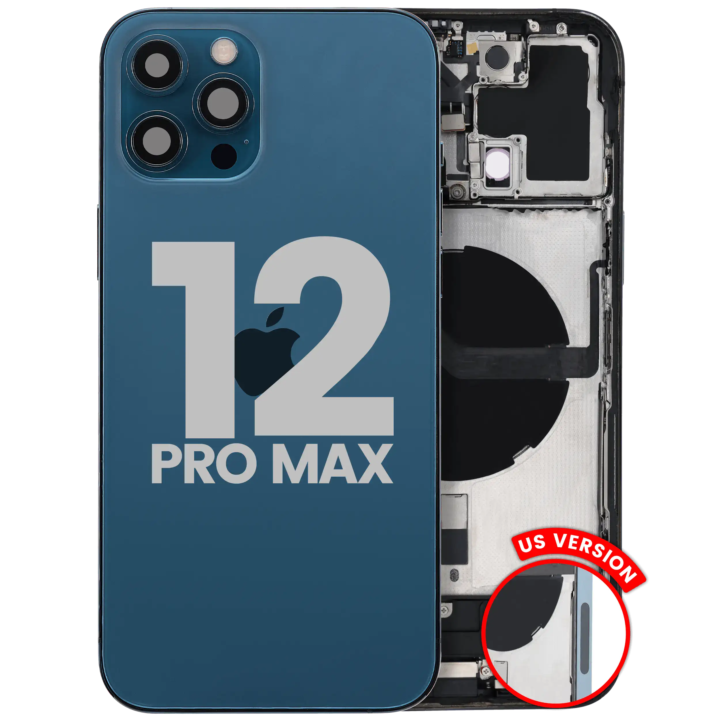Back Housing W/ Charging Port Flex & Small Parts For iPhone 12 Pro Max (US Version) (Used OEM Pull: Grade B) (Pacific Blue)