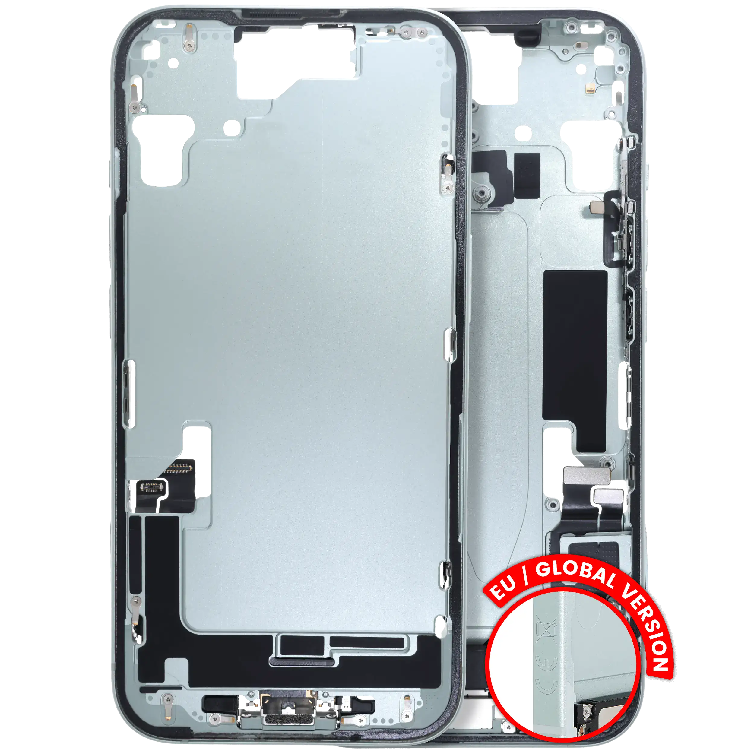 Mid-Frame Housing W/ Charging Port Flex & Small Parts For iPhone 15 (EU / Global Version) (Used OEM Pull: Grade C) (Green)