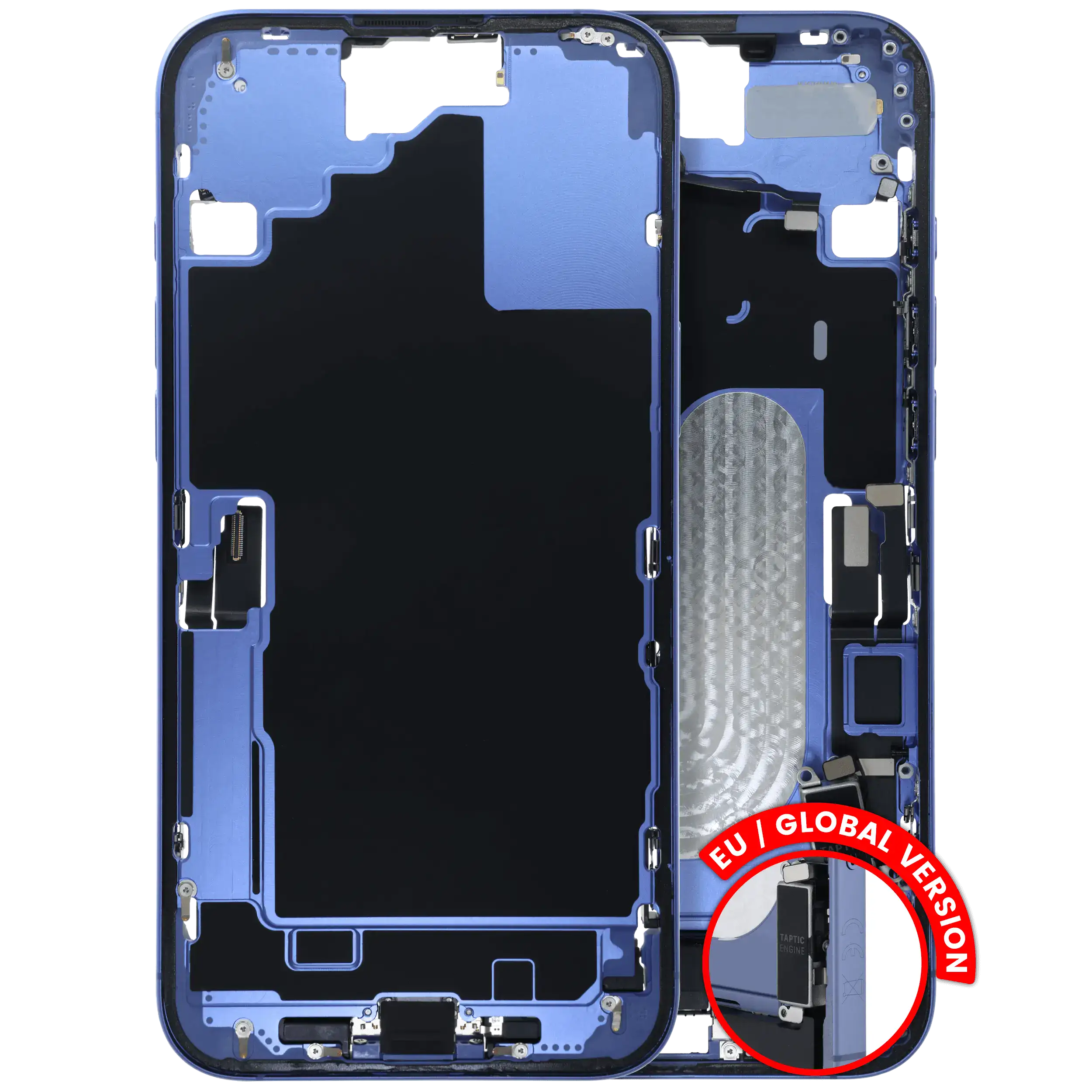 Mid-Frame Housing W/ Charging Port Flex & Small Parts For iPhone 16 Plus (EU / Global Version) (Used OEM Pull: Grade A) (Ultramarine)