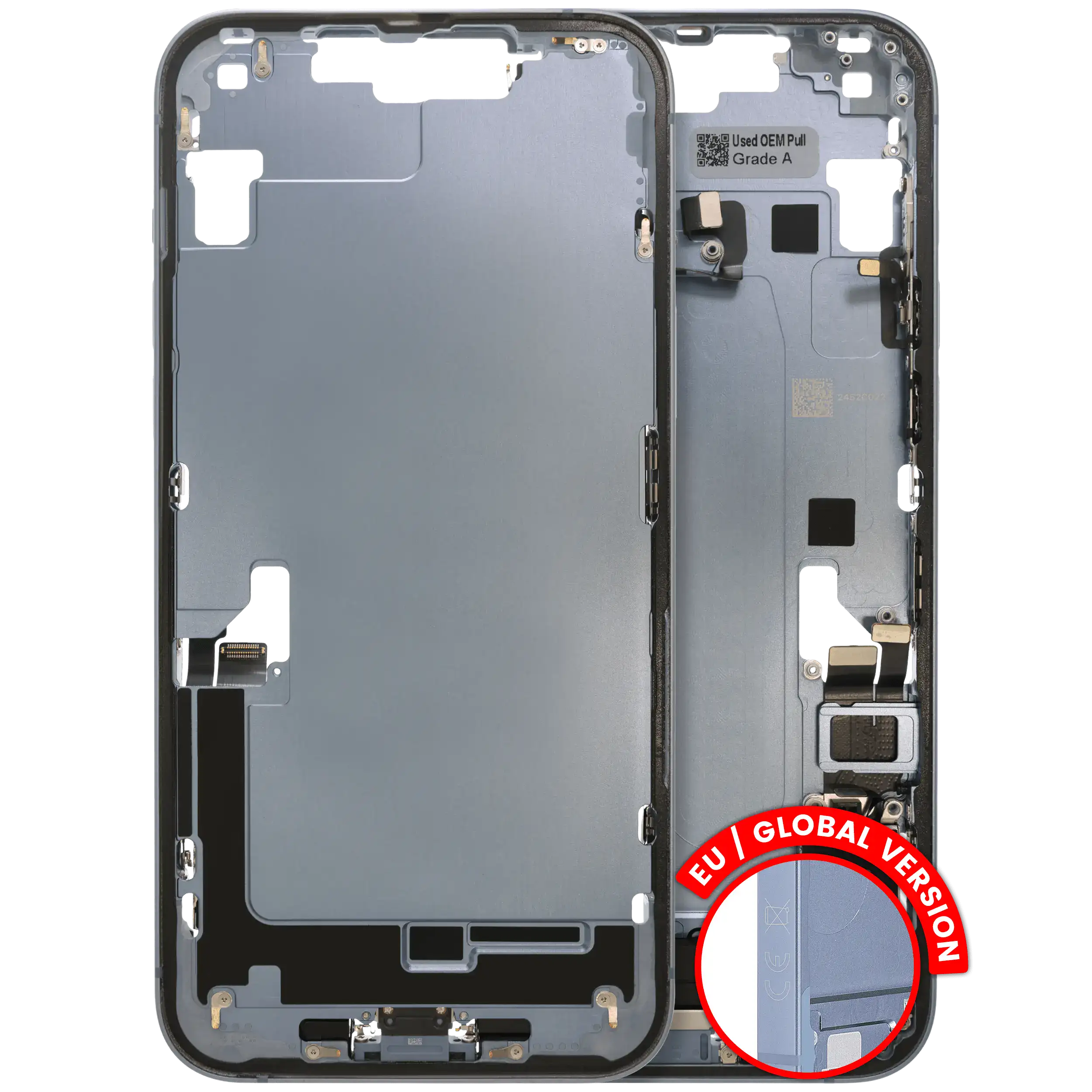 Mid-Frame Housing W/ Charging Port Flex & Small Parts For iPhone 14 Plus (EU / Global Version) (Used OEM Pull: Grade C) (Blue)