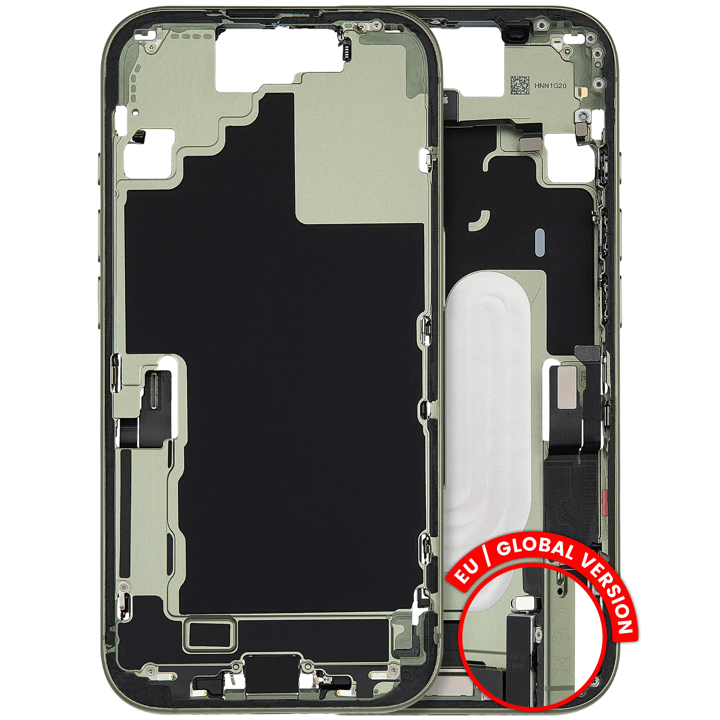 Mid-Frame Housing W/ Charging Port Flex & Small Parts For iPhone 17 (EU / Global Version) (Used OEM Pull: Grade A) (Sage)