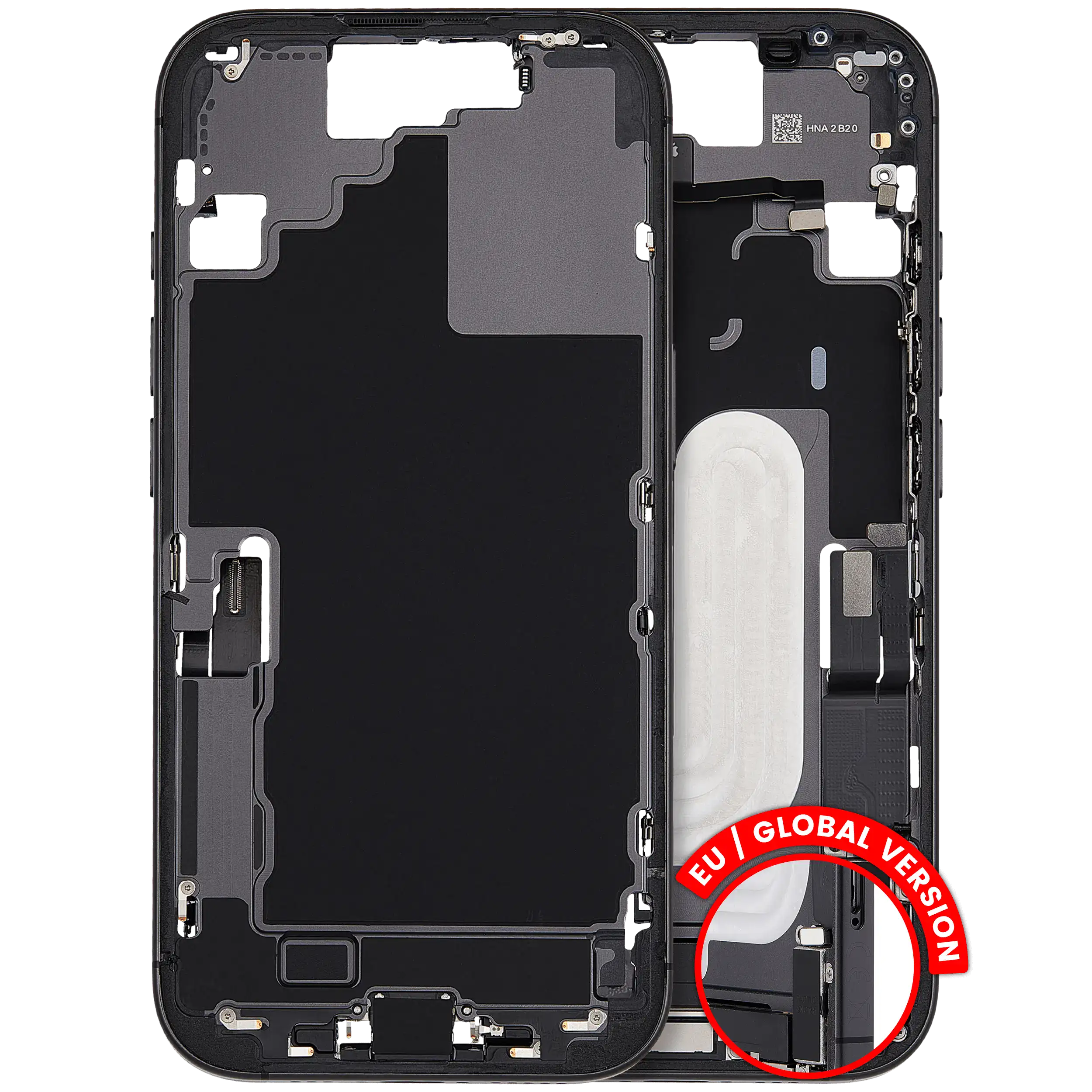 Mid-Frame Housing W/ Charging Port Flex & Small Parts For iPhone 17 (EU / Global Version) (Used OEM Pull: Grade A) (Black)