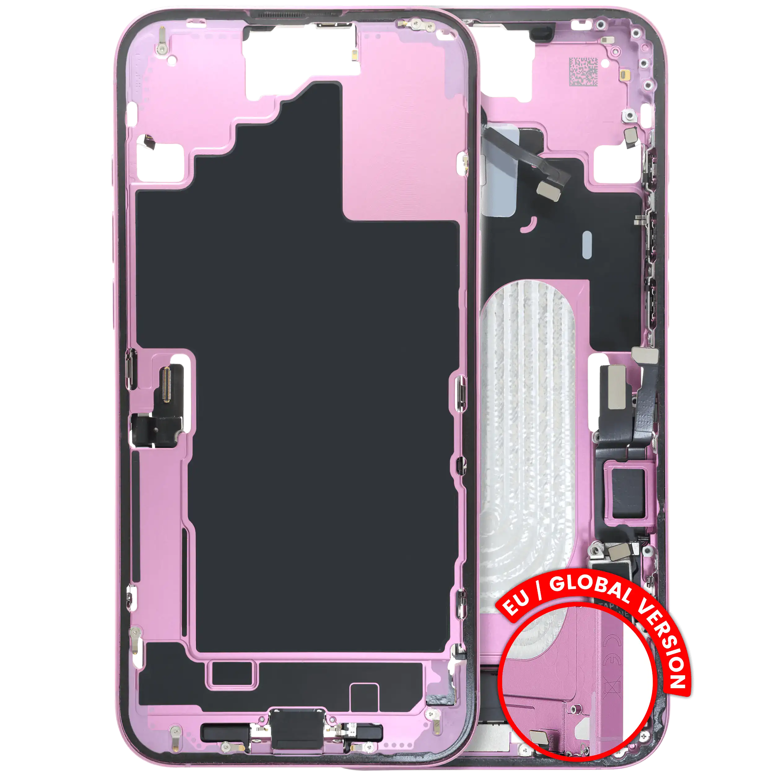Mid-Frame Housing W/ Charging Port Flex & Small Parts For iPhone 16 Plus (EU / Global Version) (Used OEM Pull: Grade B) (Pink)