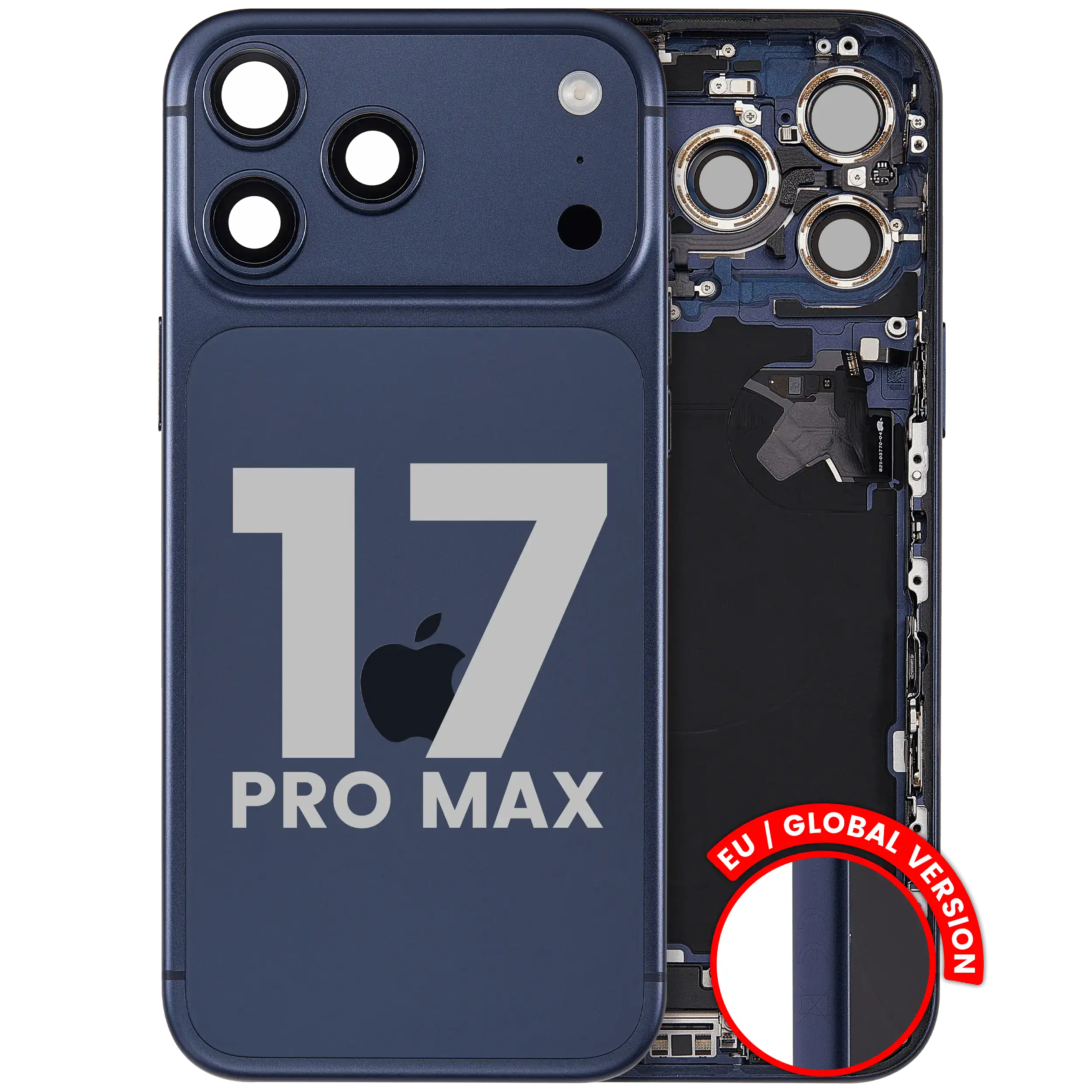 Back Housing W/ Charging Port Flex & Small Parts Compatible For iPhone 17 Pro Max (EU / Global Version) (Used OEM Pull: Grade A) (Deep Blue)