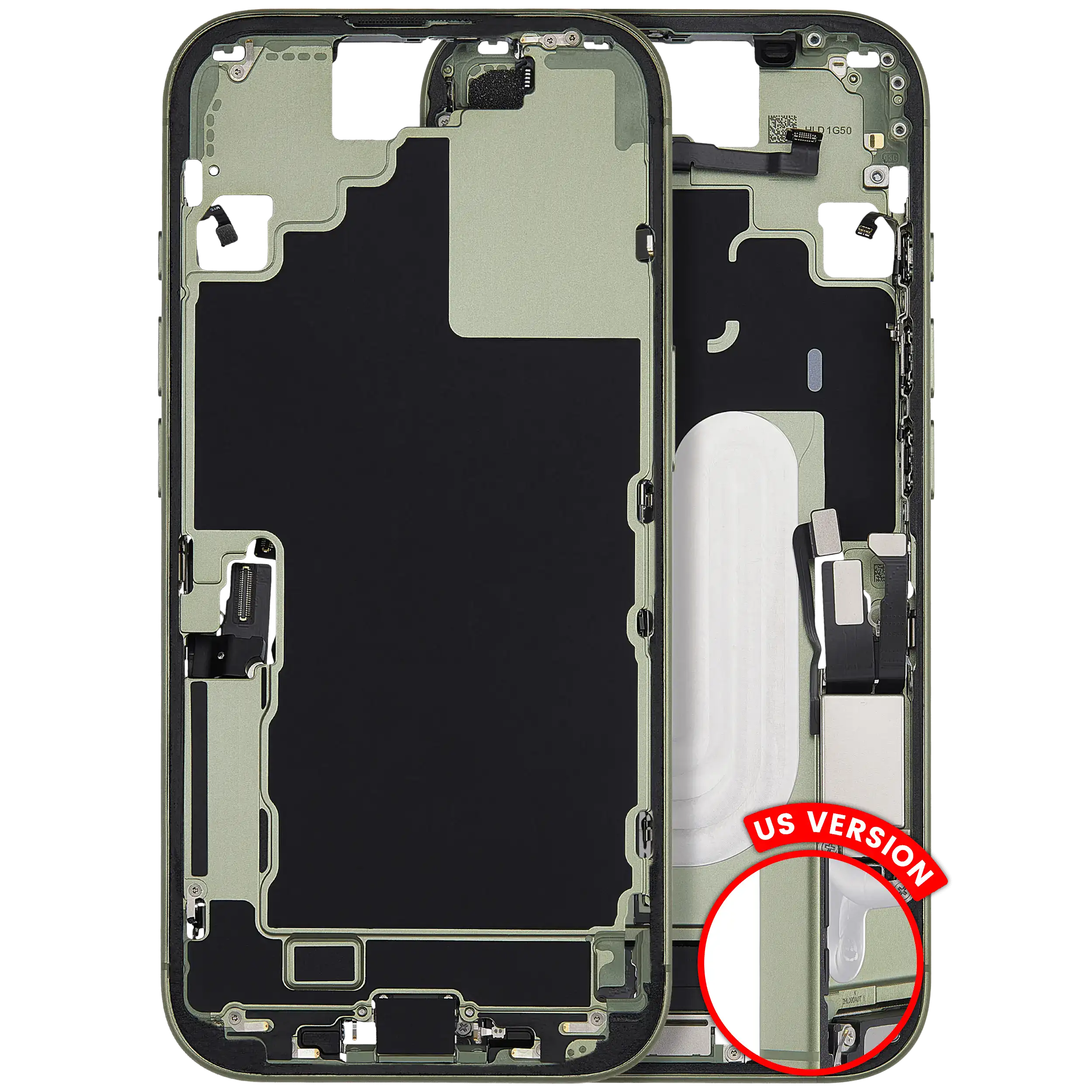 Mid-Frame Housing W/ Charging Port Flex & Small Parts For iPhone 17 (US Version) (Used OEM Pull: Grade B) (Sage)