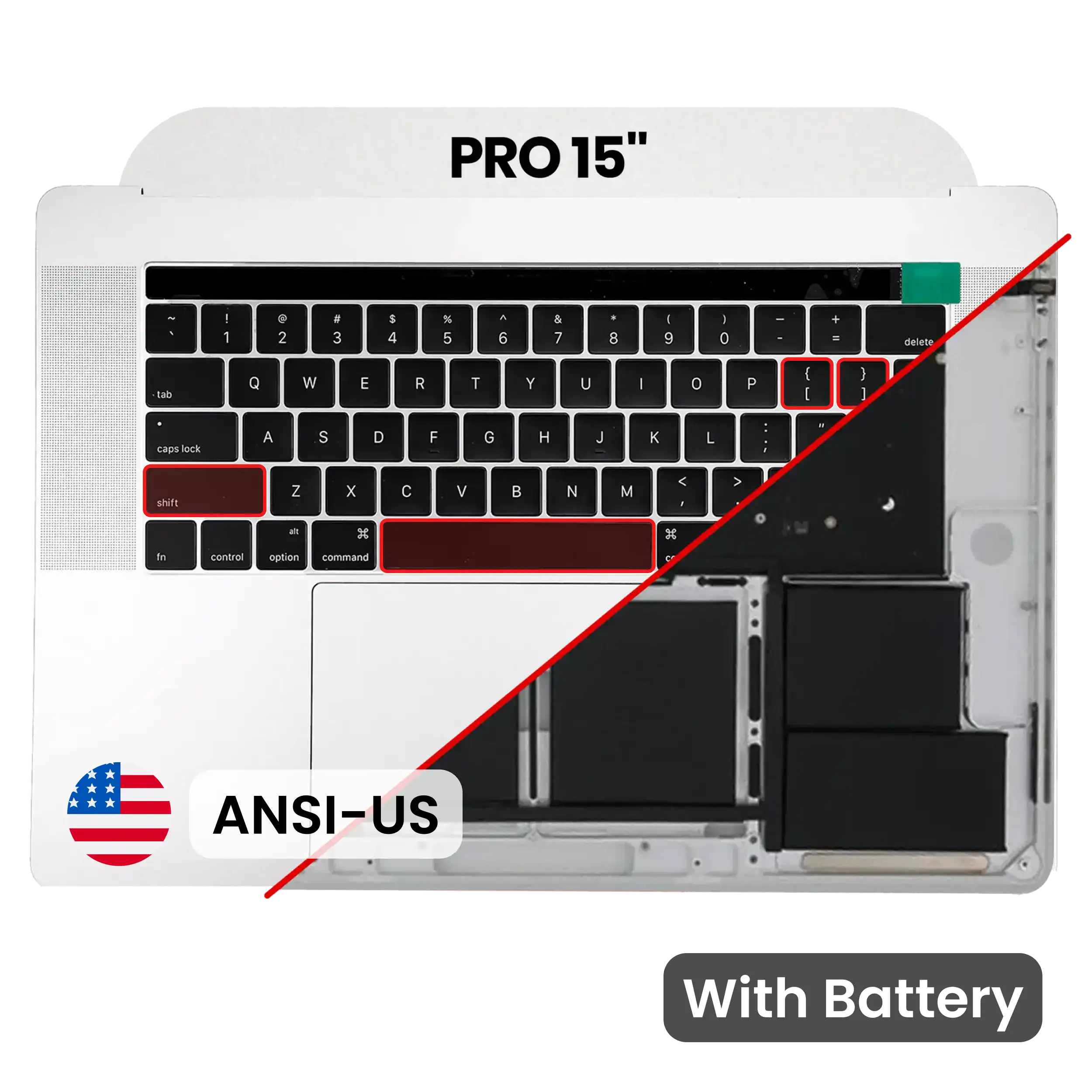 Top Case with Battery and Keyboard (ANSI US) For MacBook Pro 15" A1707 (2016-2017) (Used OEM Pull: Grade B/C) (Silver)
