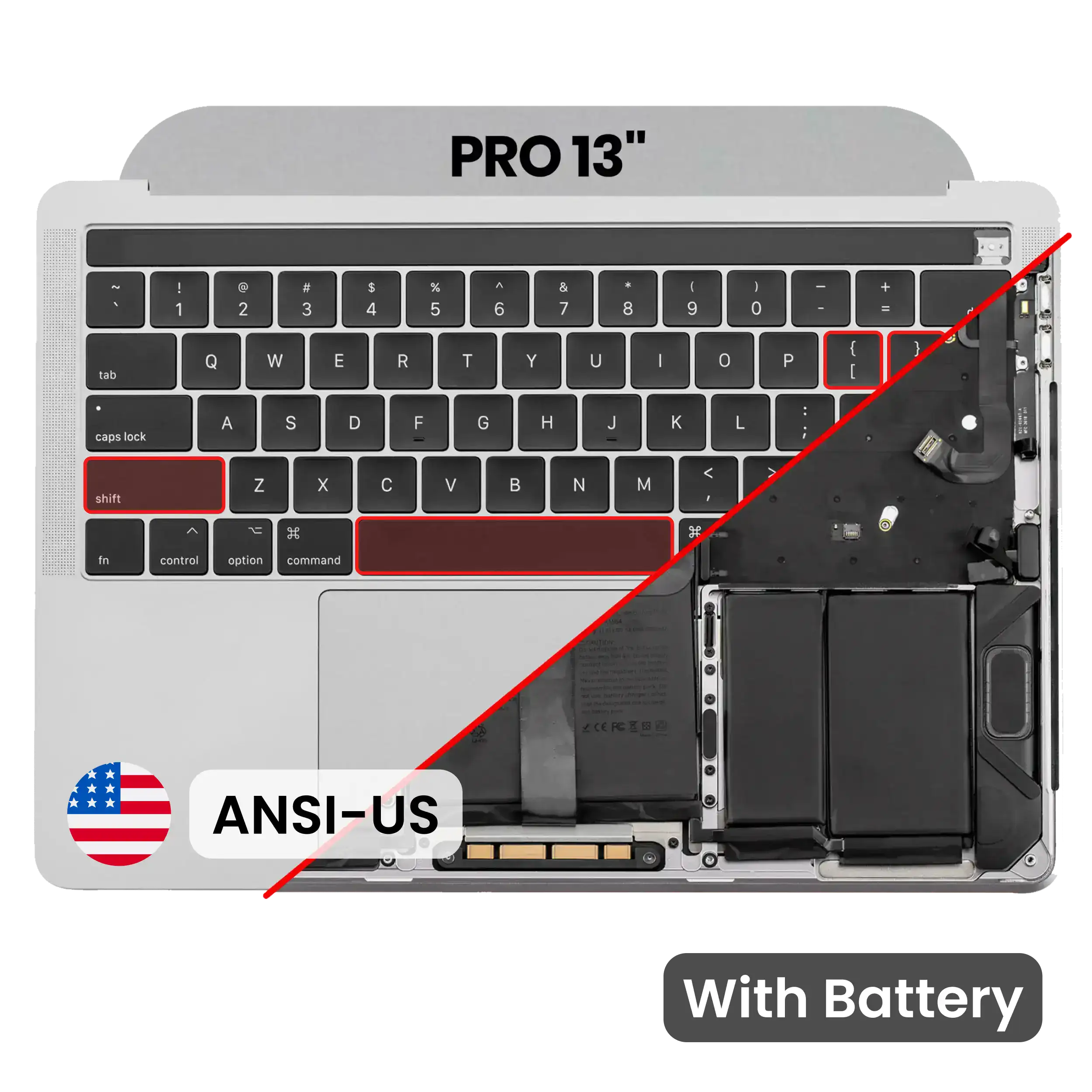 Top Case with Battery and Keyboard (ANSI US) For MacBook Pro 13" A1989 (2018-2019) (Used OEM Pull: Grade A) (Silver)