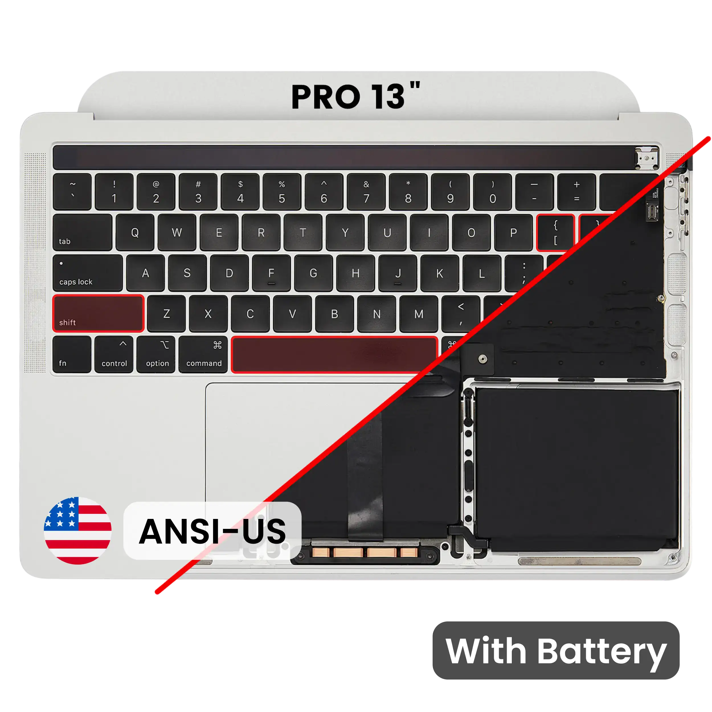 Top Case with Battery and Keyboard (ANSI US) For MacBook Pro 13" A2159 (2019) (Used OEM Pull: Grade A) (Silver)