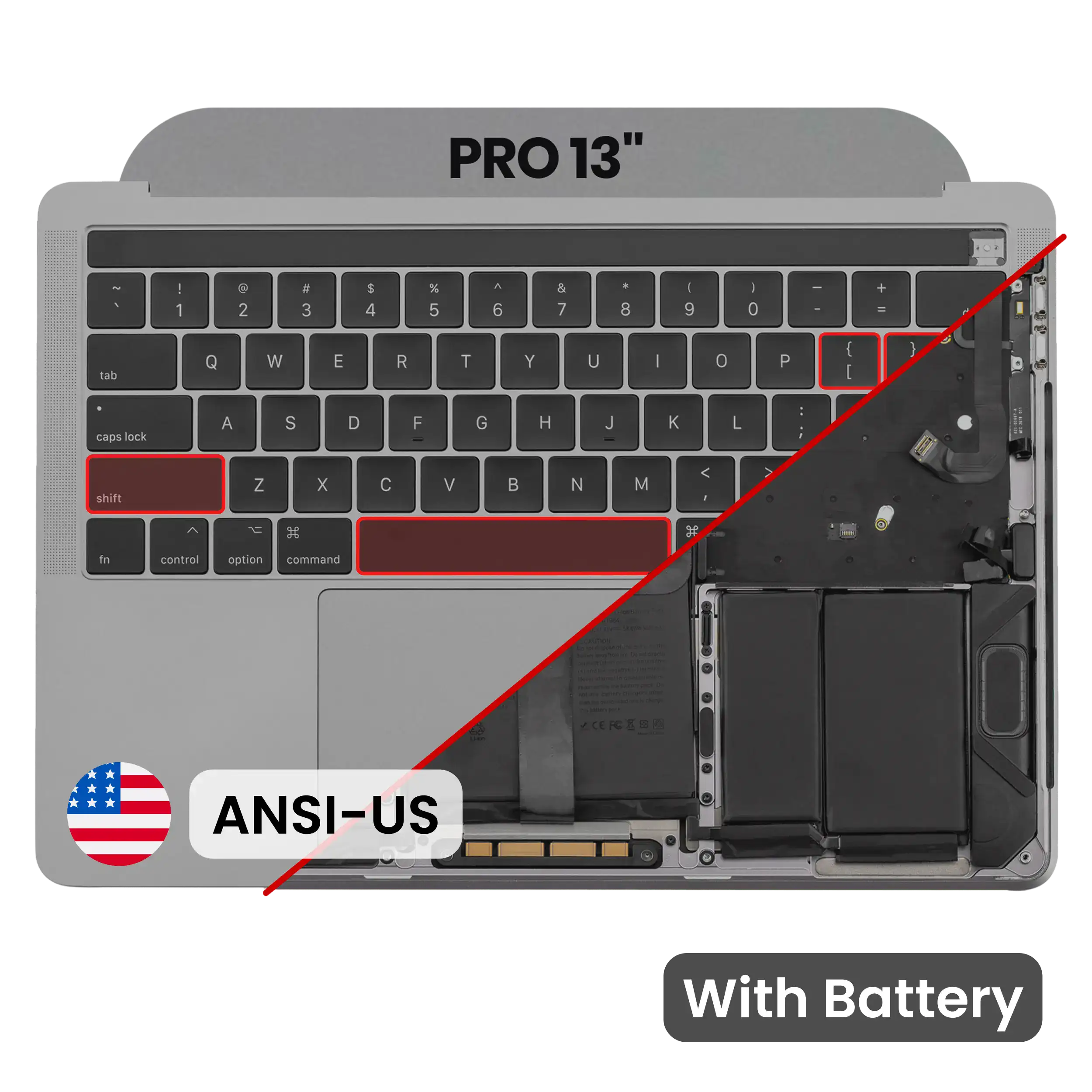 Top Case with Battery and Keyboard (ANSI US) For MacBook Pro 13" A1989 (2018-2019) (Used OEM Pull: Grade A) (Space Gray)