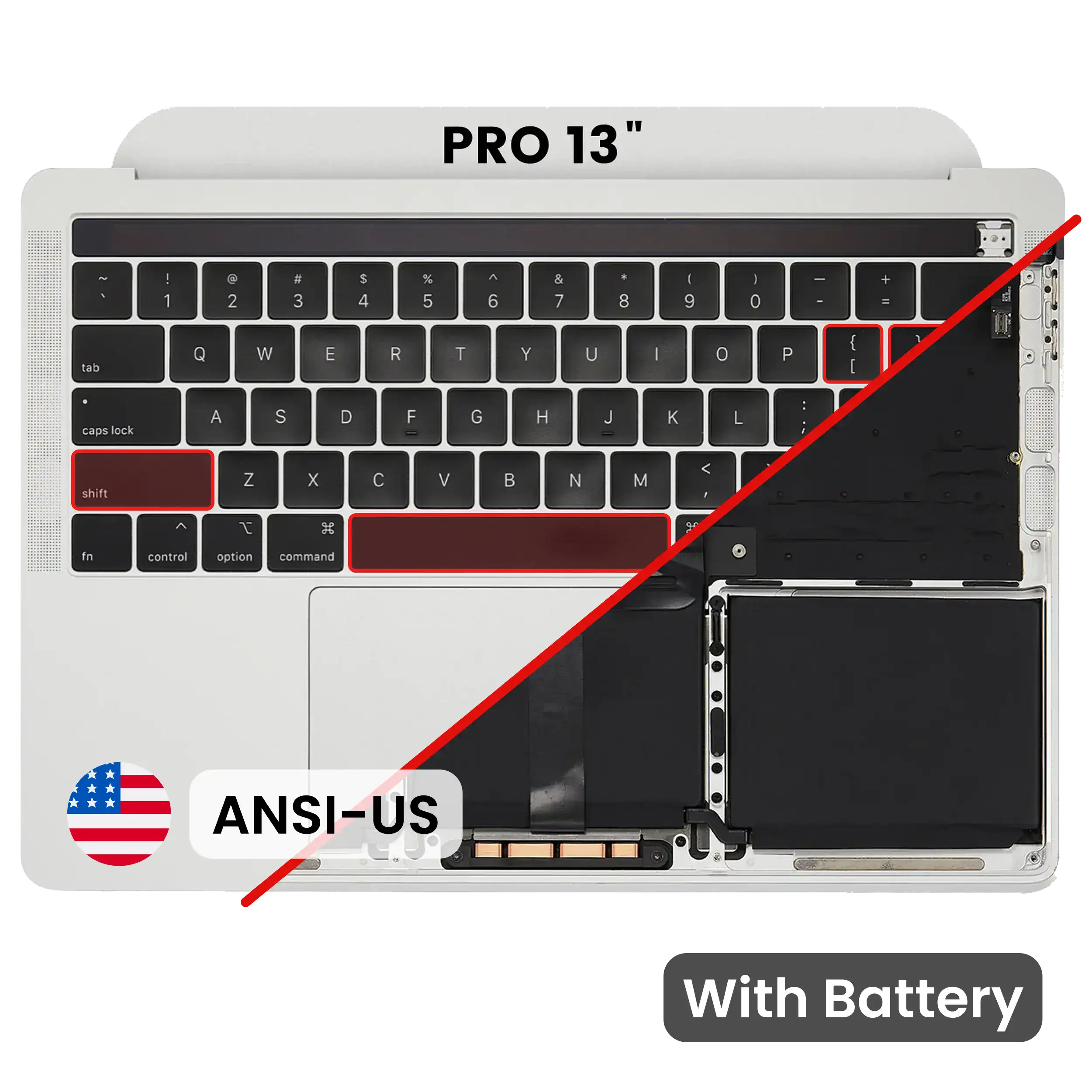 Top Case with Battery and Keyboard (ANSI US) For MacBook Pro 13" A2159 (2019) (Used OEM Pull: Grade B/C) (Silver)
