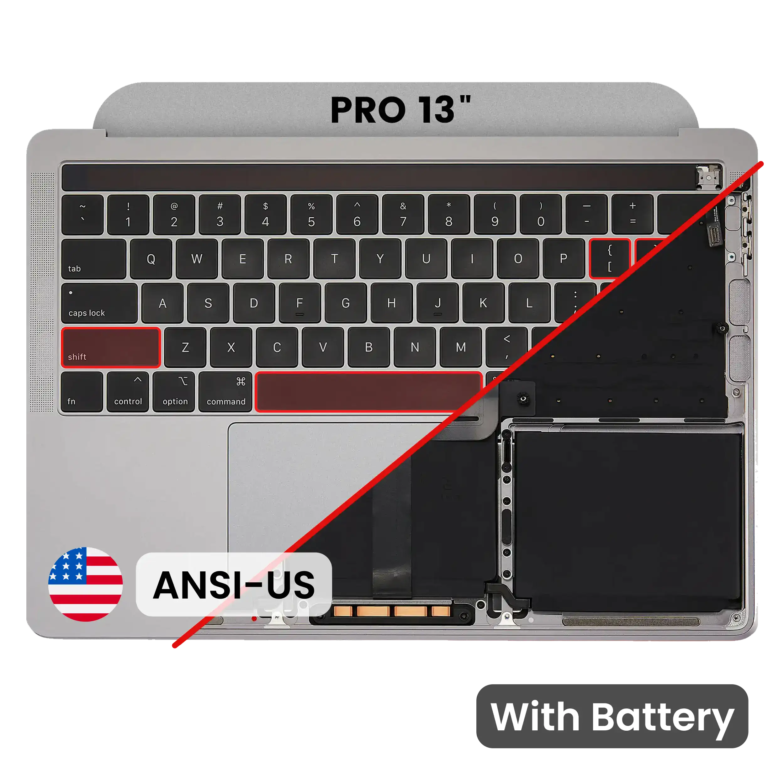 Top Case with Battery and Keyboard (ANSI US) For MacBook Pro 13" A2159 (2019) (Used OEM Pull: Grade B/C) (Space Gray)