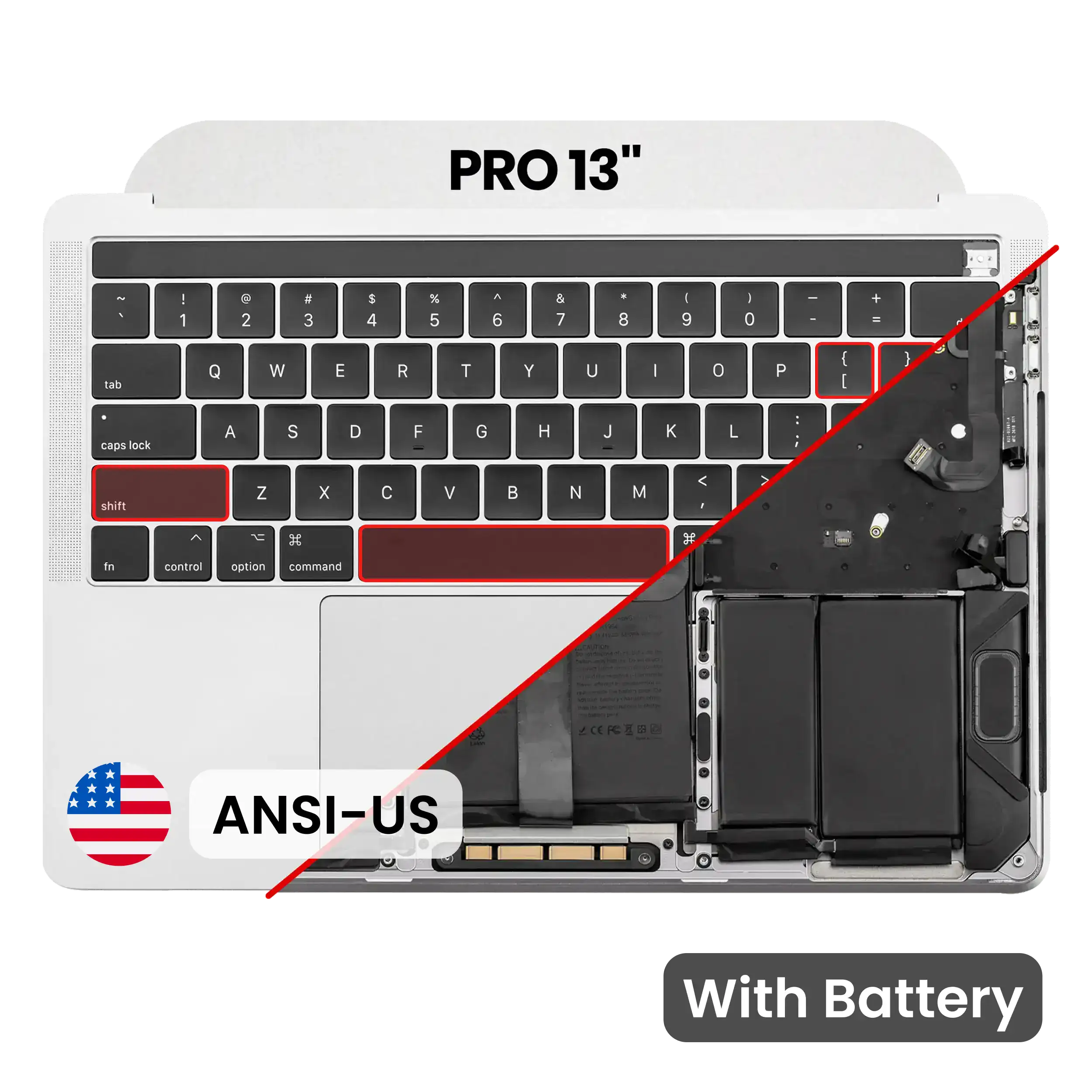 Top Case with Battery and Keyboard (ANSI US) For MacBook Pro 13" A1989 (2018-2019) (OEM New) (Silver)