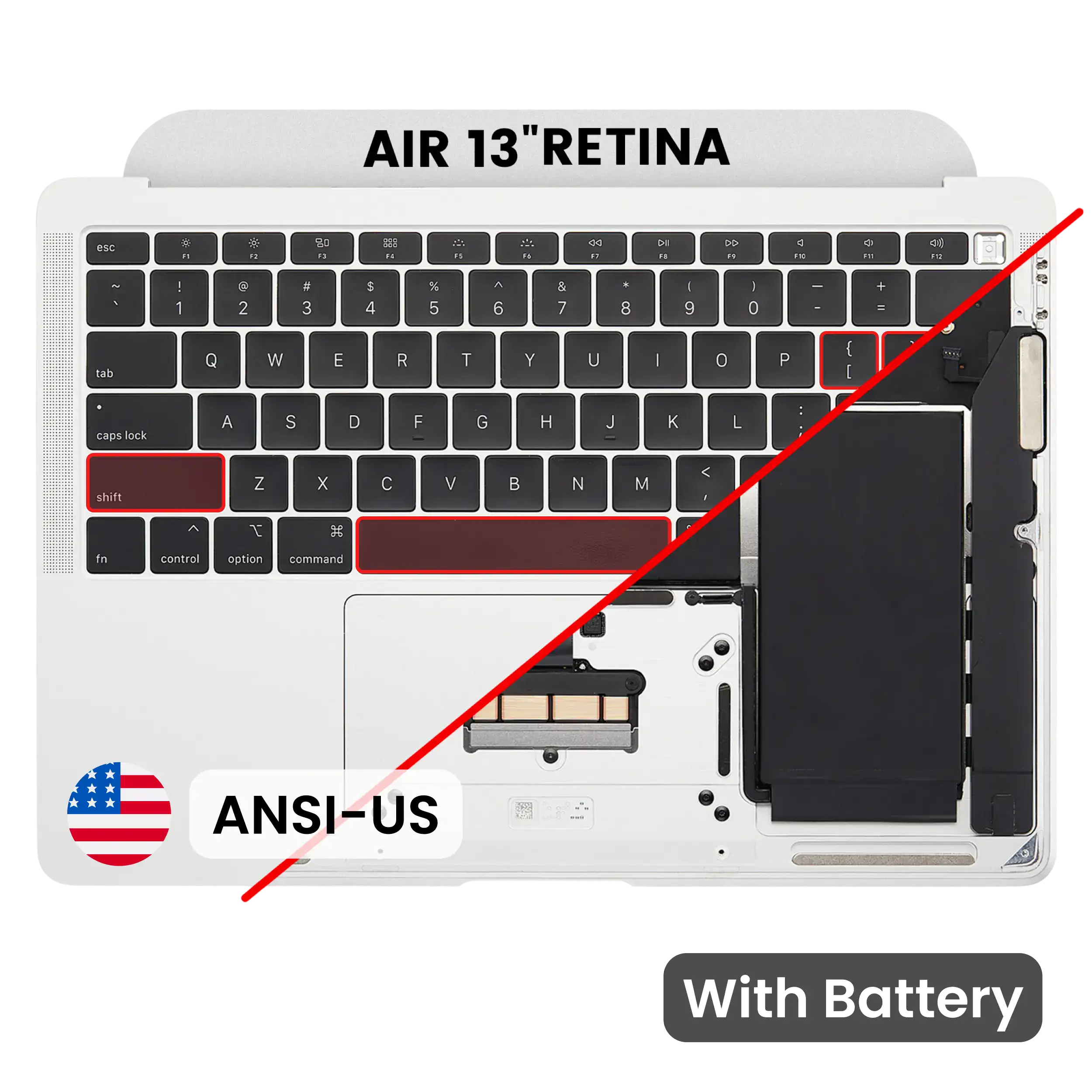 Top Case with Battery and Keyboard (ANSI US) For MacBook Air 13" A1932 (2018-2019) (OEM New) (Silver)