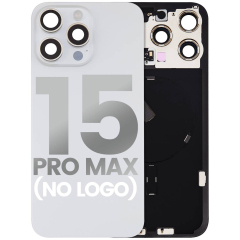Back Glass With Steel Plate With Wireless NFC Charging MagSafe Magnet & Flashlight Flex Compatible For iPhone 15 Pro Max (No Logo) (White Titanium)
